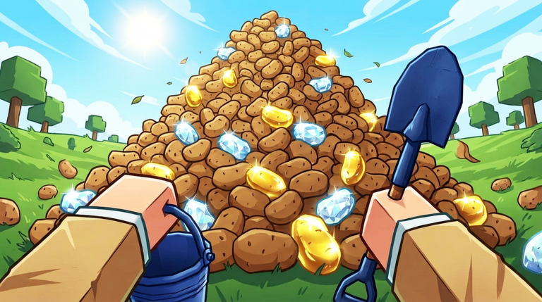 Official thumbnail: a shovel, a bucket, and a gem-studded potato pile.